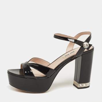 Pre Owned Miu Miu Black Patent Leather Platform Ankle Strap Sandals Size 38.5
