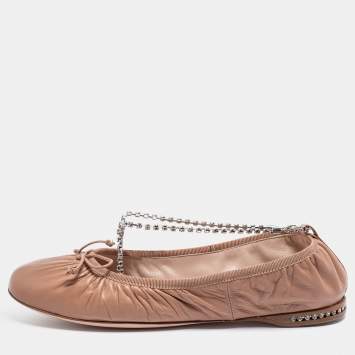 Pre Owned Miu Miu Beige Leather Bow Crystal Anklet Ballet Flats Size 38.5