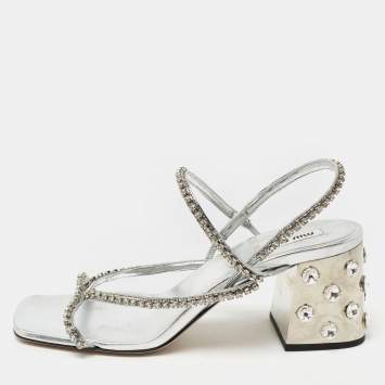 Pre Owned Miu Miu Silver Crystal Embellished Leather Studded Block Heel Sandals Size 37