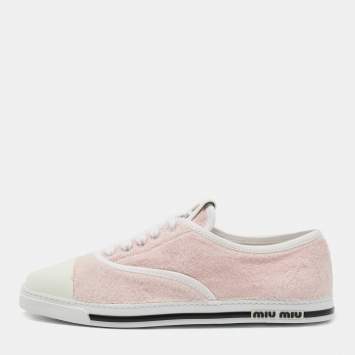 Pre Owned Miu Miu White/Pink Leather and Fabric Lace Up Sneakers Size 39.5