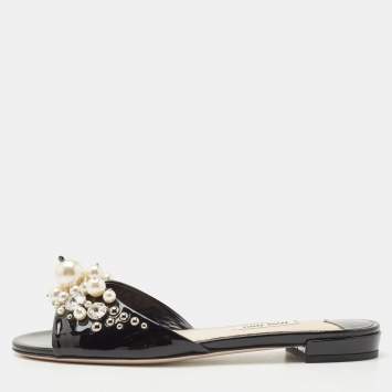 Pre Owned Miu Miu Black Patent Leather Embellished Slide Flats Size 36     