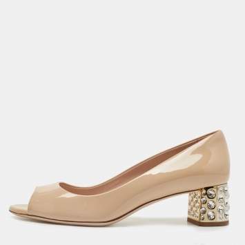 Pre Owned Miu Miu Beige Patent Leather Crystal Embellished Peep Toe Pumps Size 37