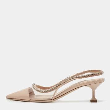Pre Owned Miu Miu Beige Patent Leather and PVC Crystal Embellished Slingback Pumps Size 36.5