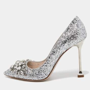 Pre Owned Miu Miu Silver Glitter Crystal Embellished Pointed Toe Pumps Size 35.5