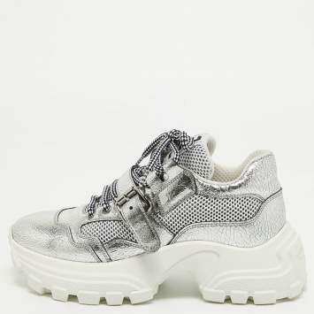 Pre Owned Miu Miu Silver Texture Leather Lace Up Sneakers Size 38