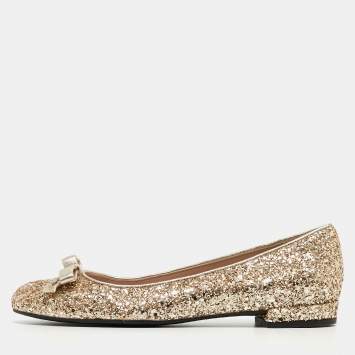 Pre Owned Miu Miu Gold Coarse Glitter Bow Ballet Flats Size 37