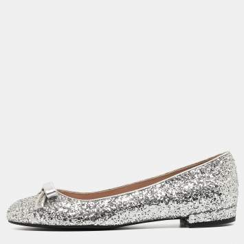 Pre Owned Miu Miu Silver Coarse Glitter Bow Ballet Flats Size 36.5