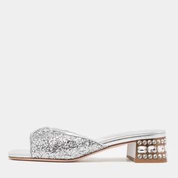 Pre Owned Miu Miu Silver Glitter Embellished Block Heel Slide Sandals Size 38