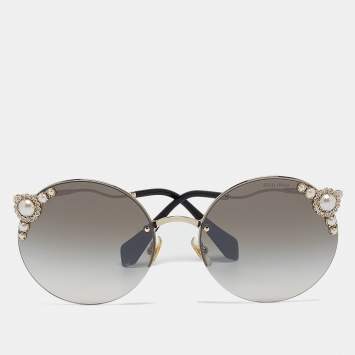 Pre Owned Miu Miu Black/Gold Gradient Manière Pearl Round Sunglasses