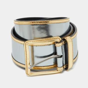 Pre Owned Miu Miu Metallic Silver/Gold Patent Leather Waist Belt 85CM