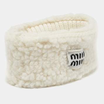 Pre Owned Miu Miu White Logo Applique Shearling Head band