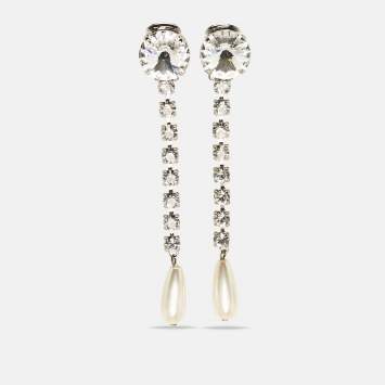 Pre Owned Miu Miu Silver Tone Crystal and Pearl Drop Earrings