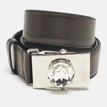 Pre Owned Miu Miu Black Leather Crystal Buckle Belt 80 CM
