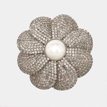 Miu Miu Floral Faux Pearl Crystal Silver Tone Brooch