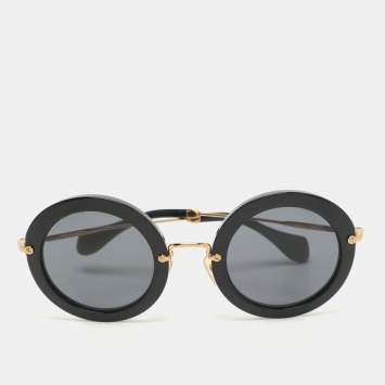 Pre Owned Miu Miu Black/Gold SMU 13N Round Sunglasses