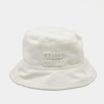 Pre Owned Miu Miu White Logo Corduroy Bucket Hat L