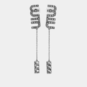 Pre Owned Miu Miu Crystal Logo Silver Tone Drop Earrings