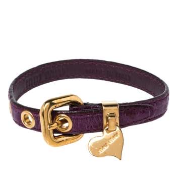 Pre Owned Miu Miu Purple Leather Gold Tone Heart Charm Bracelet