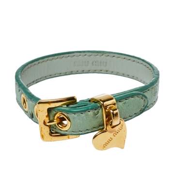 Pre Owned Miu Miu Green Ostrich Leather Heart Charm Bracelet 