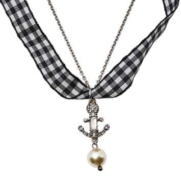 Pre Owned Miu Miu Silver & Gingham Crystal Anchor Pendant Necklace