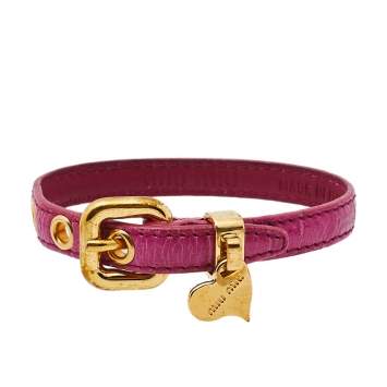 Pre Owned Miu Miu Pink Leather Gold Tone Heart Charm Bracelet