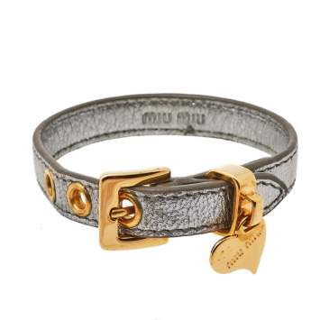 Pre Owned Miu Miu Silver Leather Gold Tone Heart Charm Bracelet