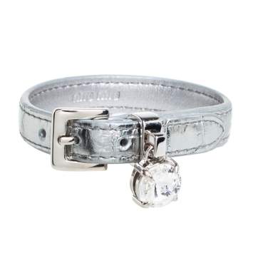 Pre Owned Miu Miu Silver Croc Embossed Leather Crystal Charm Wrap Bracelet