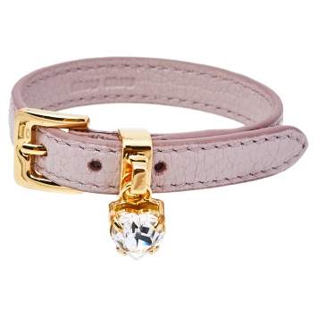 Pre Owned Miu Miu Dusky Pink Madras Leather Crystal Charm Bracelet