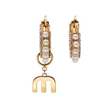 Pre Owned Miu Miu Crystal Faux Pearl Gold Tone Pearl Asymmetric Hoop Earrings