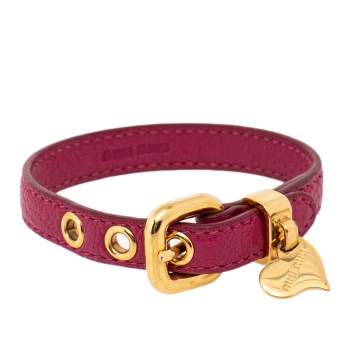 Pre Owned Miu Miu Pink Leather Gold Tone Heart Charm Bracelet