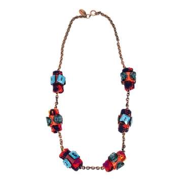 Pre Owned Miu Miu Bronze Tone Crystal & Fabric Embellished Station Necklace