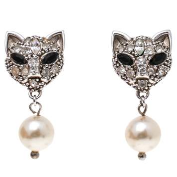 Pre Owned Miu Miu Sterling Silver Crystal Cat Pearl Drop Earrings