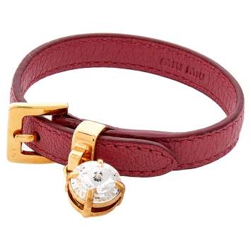 Pre Owned Miu Miu Gold Tone Pink Madras Leather Crystal Charm Bracelet
