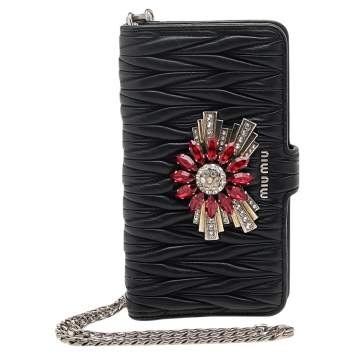 Pre Owned Miu Miu Black Matelasse Leather Flower Embellished iPhone 8 Plus Case