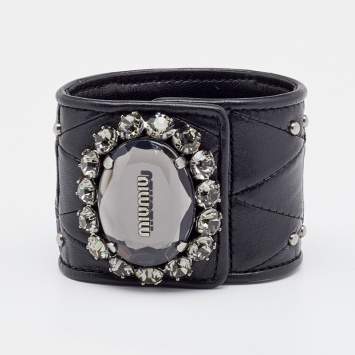 Pre Owned Miu Miu Black Quilted Leather Crystal Charm Wide Cuff Bracelet