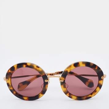 Pre Owned Miu Miu Brown Havana/Red SMU13N Round Sunglasses