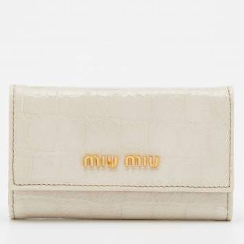 Pre Owned Miu Miu Cream Croc Embossed Leather Case Key Holder