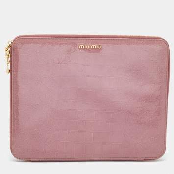 Pre Owned Miu Miu Pink Croc Embossed Patent Leather Zip Around iPad Cover