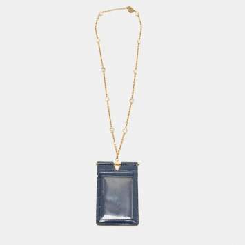 Pre Owned Miu Miu Navy Blue Croc Embossed Leather Chain Crystals Badge Holder