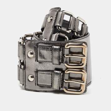 Pre Owned Miu Miu Metallic Silver Leather Ring Wide Waist Belt 75CM