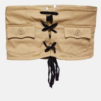 Pre Owned Miu Miu Khaki Brown Gabardine Lace-Up Crop Corset Top S