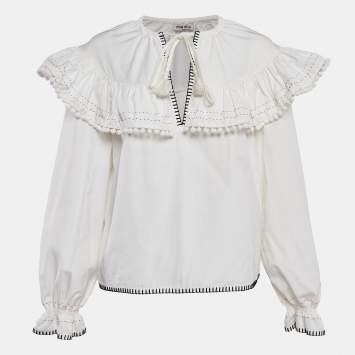 Pre Owned Miu Miu Off-White Contrast Stitch Poplin Ruffled Blouse M