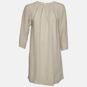 Pre Owned Miu Miu Beige Crepe Gathered Neckline Shift Dress S