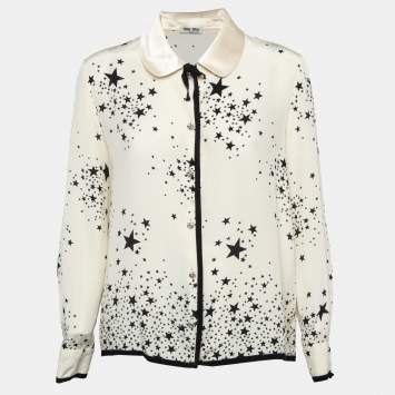 Pre Owned Miu Miu Off-White Stars Print Silk Embellished Closure Shirt L