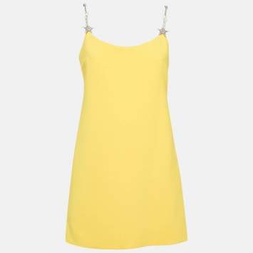 Pre Owned Miu Miu Yellow Crepe Faille Cady Chain Strap Mini Dress M