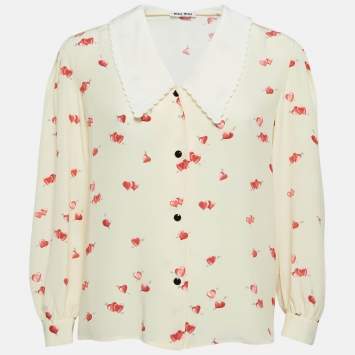 Pre Owned Miu Miu Yellow Heart Print Silk Scallop Trim Collar Shirt S