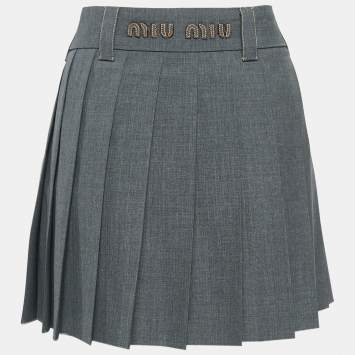 Pre Owned Miu Miu Grey Virgin Wool Pleated Mini Skirt M
