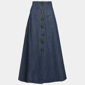 Pre Owned Miu Miu Blue Denim Button Front Midi Skirt M