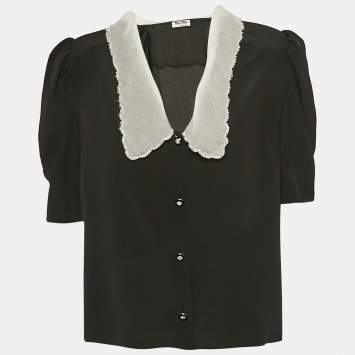 Pre Owned Miu Miu Black Silk Embellished Chelsea Collar Blouse S