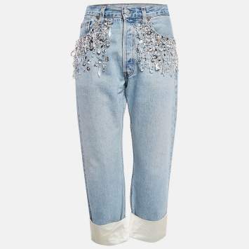 Pre Owned Miu Miu X Levis Light Blue Crystal Satin Trim Denim Jeans M Waist 30"